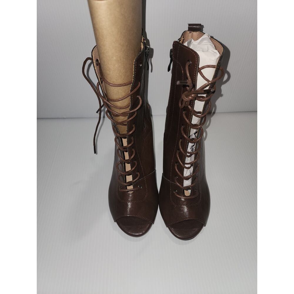 Sz 10 Chocolate Brown Lace Up Peep Toe Block Heel Boots NWOT